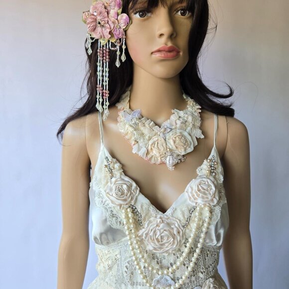 Bohemian Collar Neutral Vintage Lace Wedding Necklace Bridal Jewelry - Picture 5 of 8